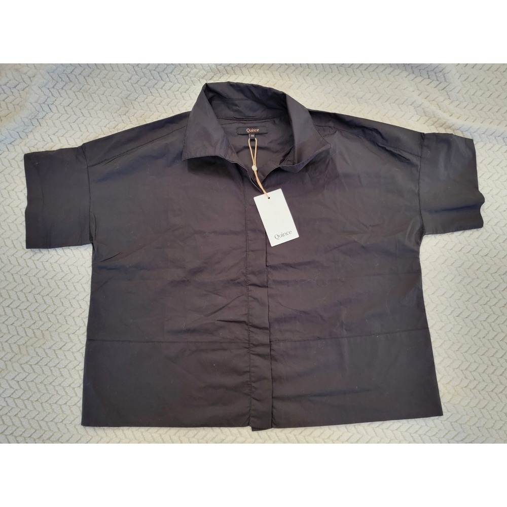 Quince Women 100% Organic XS Cotton Poplin Boxy Short Sleeve Shirt Black **NWT**